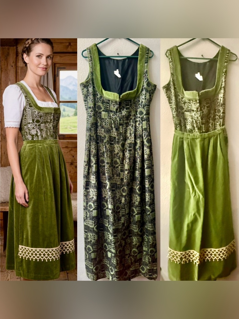 ROSE DIRNDI AUS BAYERN AUTHENTIC BARVARIAN DRESS w/APRON GREEN/GOLD Sz.44/US 12